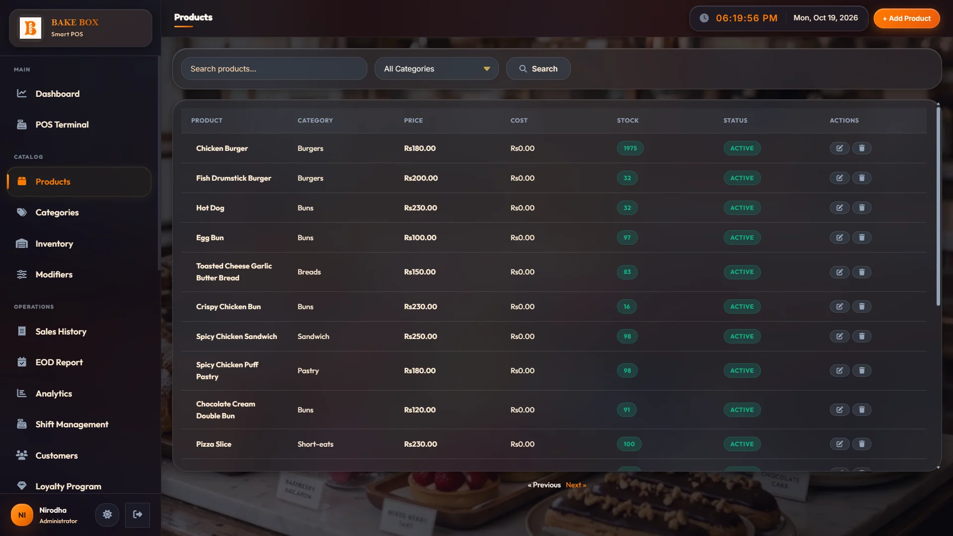 Product catalog with categories & stock levels