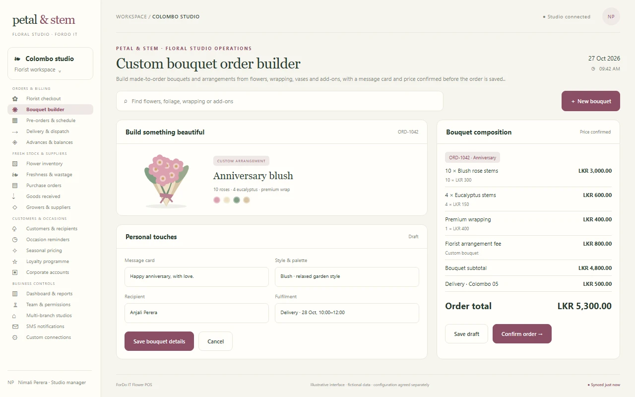 Custom bouquet order builder - Light mode — Custom bouquet order builder in light mode