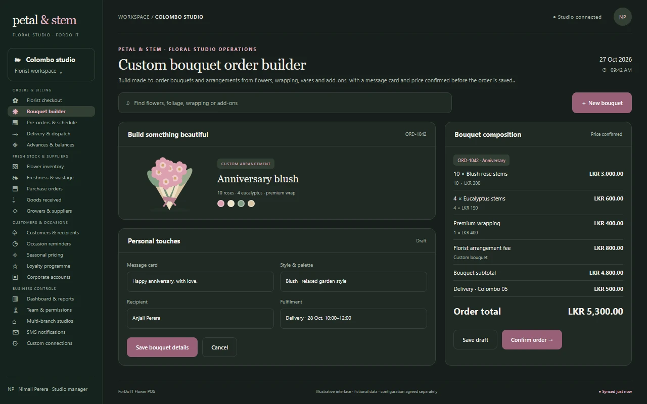 Illustrative dark-mode Custom bouquet order builder screen for a flower shop