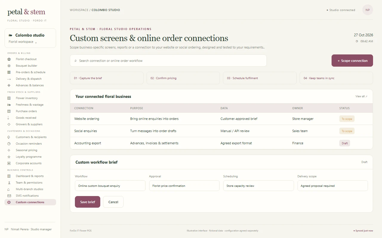 Custom screens & online order connections - Light mode — Custom screens & online order connections in light mode