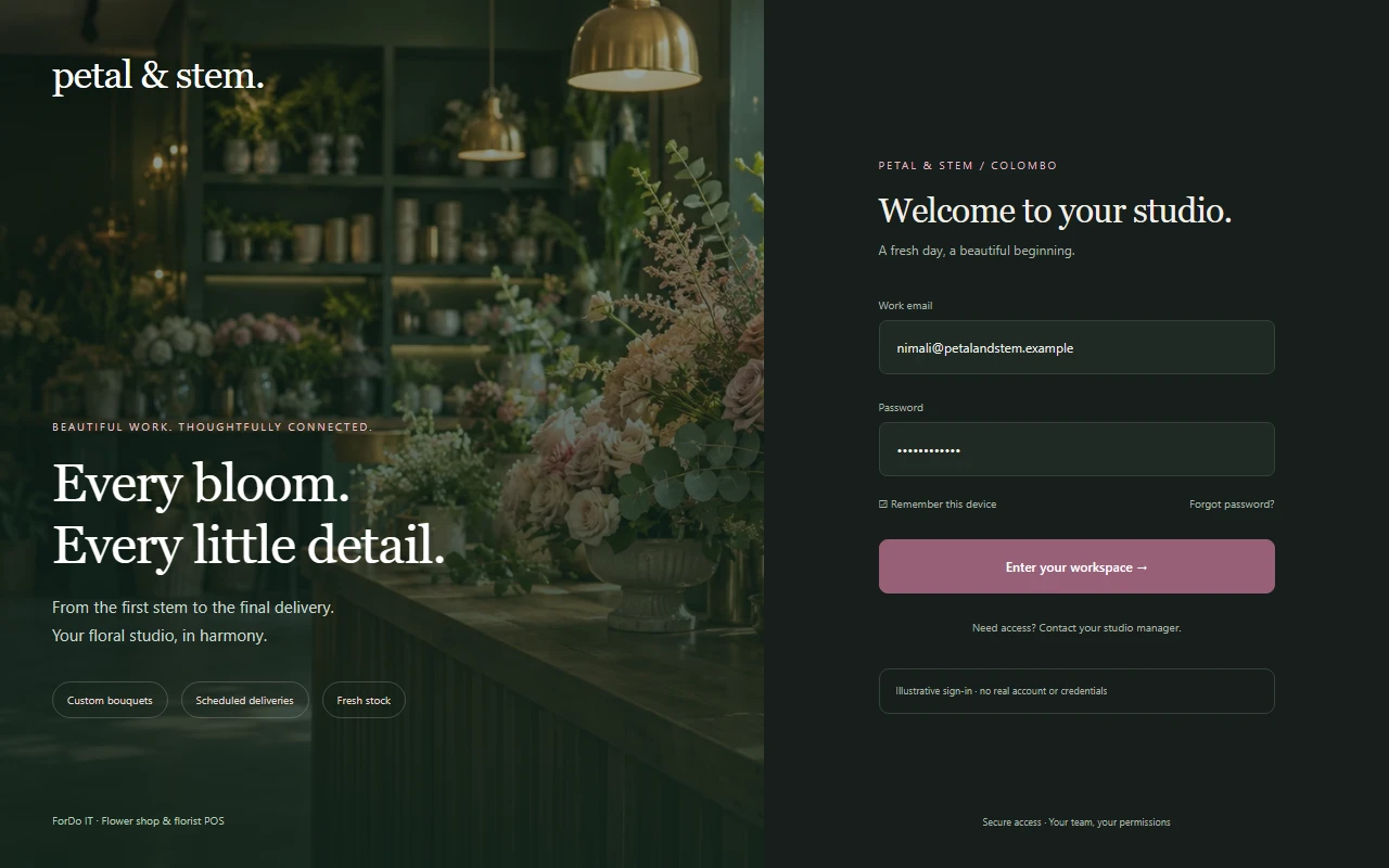 Illustrative flower shop POS sign-in screen with a branded panel