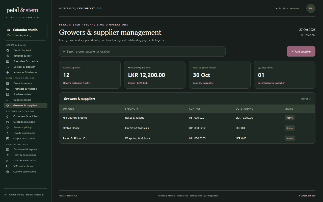 Illustrative dark-mode Growers & supplier management screen for a flower shop