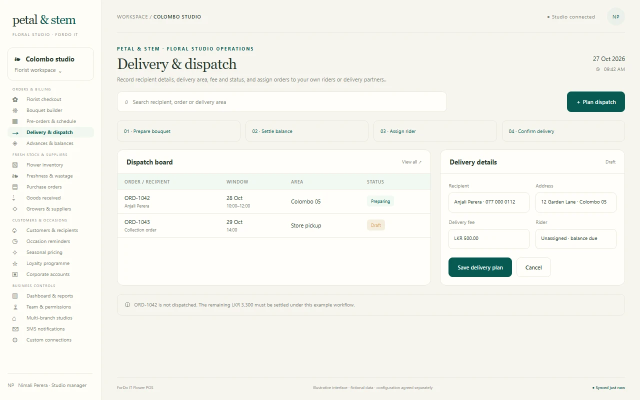Teal Delivery — an illustrative flower shop POS delivery & dispatch interface in teal, mint & white