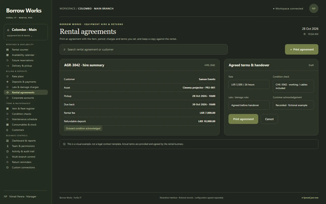 Illustrative dark-mode Rental agreements screen for a rental business