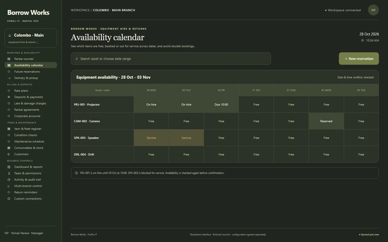 Illustrative dark-mode Availability calendar screen for a rental business