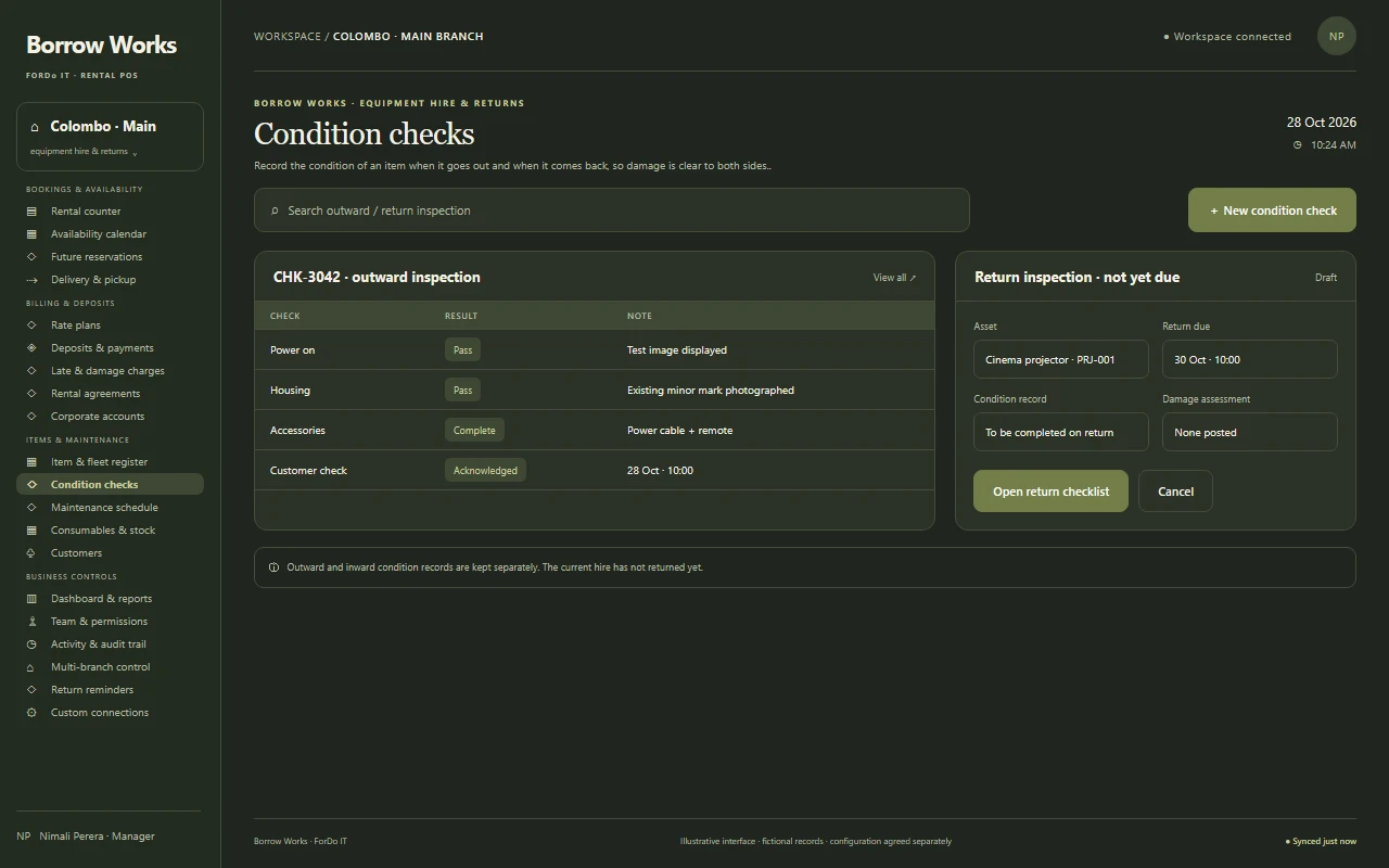 Illustrative dark-mode Condition checks screen for a rental business