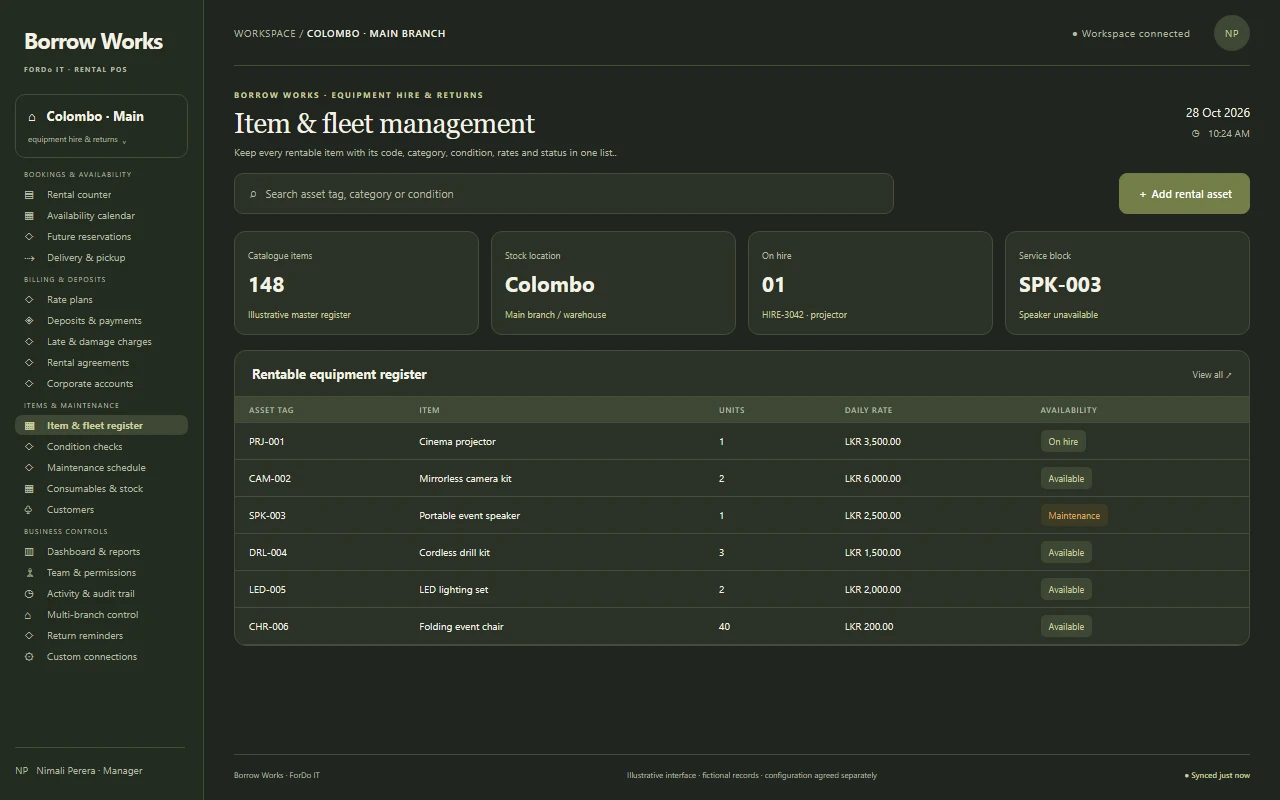 Illustrative dark-mode Item & fleet management screen for a rental business