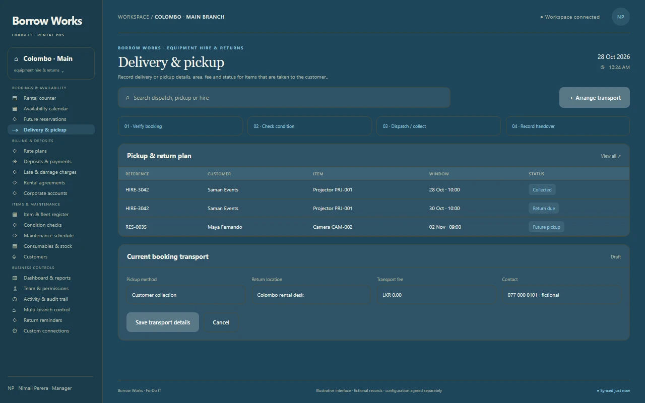 Ocean Dispatch — an illustrative rental business POS delivery & pickup interface in ocean, sky & frost