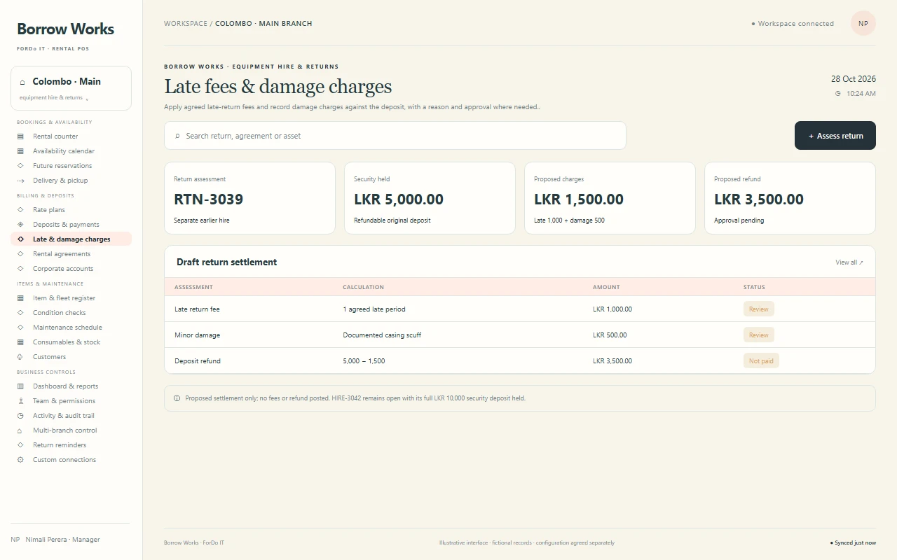 Slate Returns — an illustrative rental business POS returns & late fees interface in slate, coral & cloud