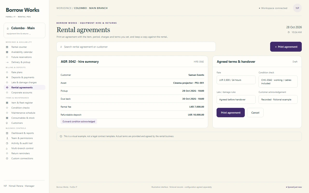 Violet Agreements — an illustrative rental business POS rental agreements interface in violet, lilac & white